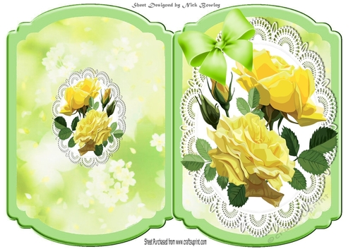 Pretty yellow roses with green bow lace bracket card