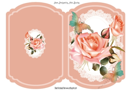 Pretty peach roses with buds with butterflies lace bracket card