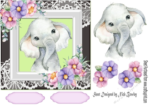 Cute ele in watercolour with flowers/lace 7x7