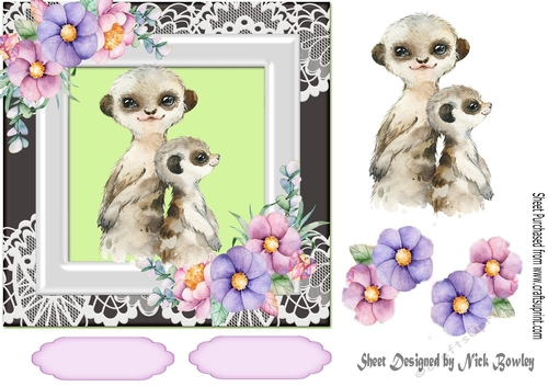 Cute meerkats in watercolour with flowers/lace 7x7