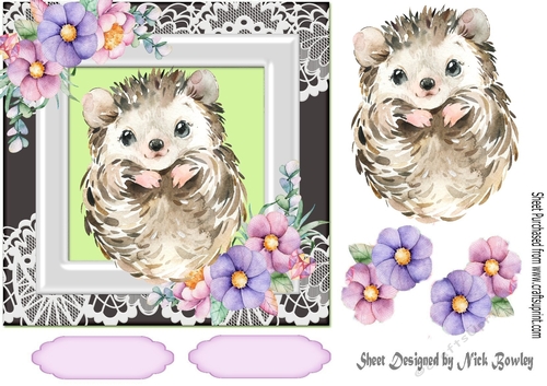 Cute hedgehog in watercolour with flowers/lace 7x7