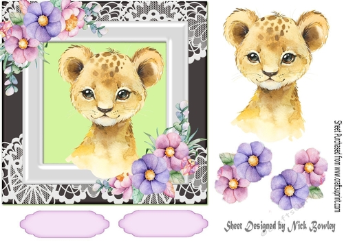 Cute tiger in watercolour with flowers/lace 7x7