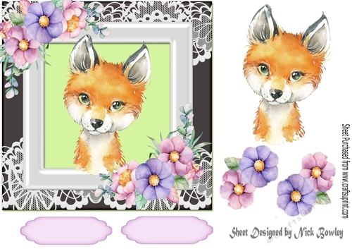 Cute fox in watercolour with flowers/lace 7x7