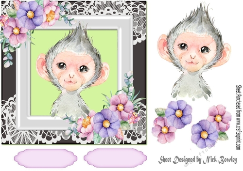 Cute cheeky monkey in watercolour with flowers/lace 7x7