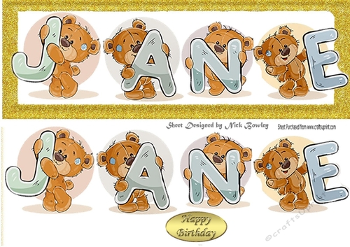 Teddy bears named JANE Gold Glitter DL Card