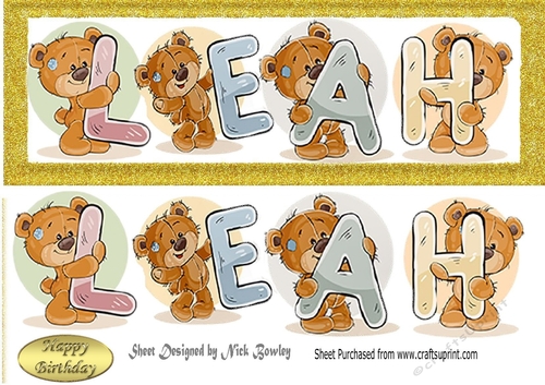 Teddy bears named LEAH Gold Glitter DL Card