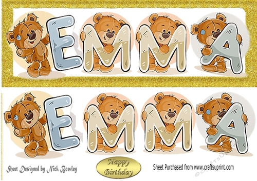 Teddy bears named EMMA Gold Glitter DL Card