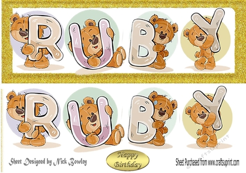 Teddy bears named RUBY Gold Glitter DL Card