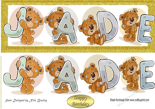 Teddy bears named JADE Gold Glitter DL Card