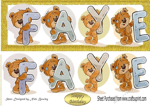 Teddy bears named FAYE Gold Glitter DL Card