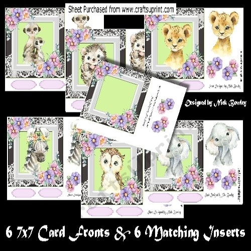 6 Lovely 7x7 Card Fronts of Cute Animals/Inserts Bumper Kit
