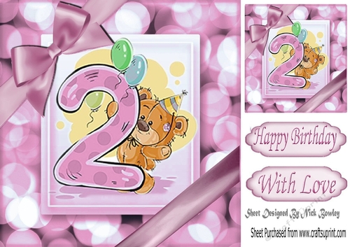 Cute teddy (2ND BIRTHDAY) in pink bubble frame 8x8