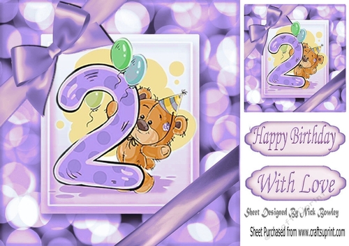 Cute teddy (2ND BIRTHDAY) in purple bubble frame 8x8