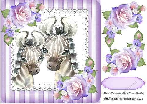 Pretty pair of zebras with corner roses in striped purple 8x8 frame