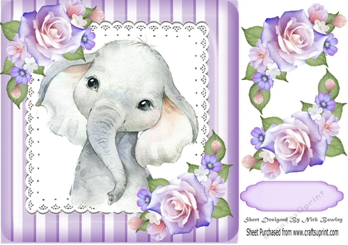 Pretty elephant with corner roses in striped purple 8x8 frame