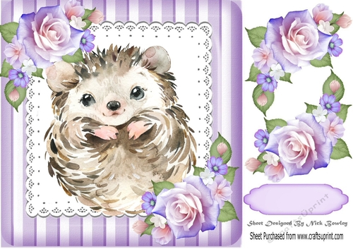 cute hedgehog with corner roses in striped purple 8x8 frame