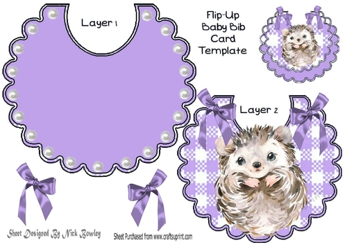 Pretty check flip top bib with cute hedgehog & purple bows