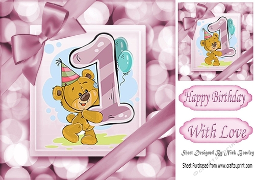 Cute teddy (1ST BIRTHDAY) in pink bubble frame 8x8