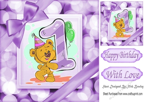 Cute teddy (1ST BIRTHDAY) in purple bubble frame 8x8
