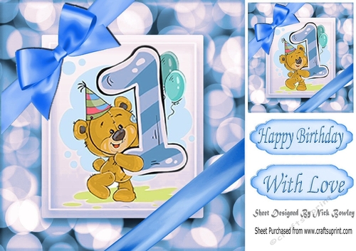 Cute teddy (1ST BIRTHDAY) in blue bubble frame 8x8