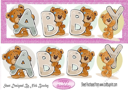 Teddy bears named ABBY Pink Glitter DL Card
