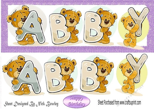 Teddy bears named ABBY Purple Glitter DL Long Card