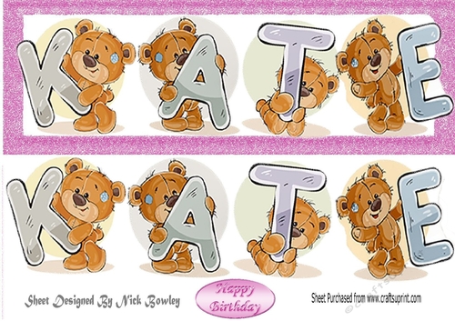 Teddy bears named Kate pink Glitter DL Card