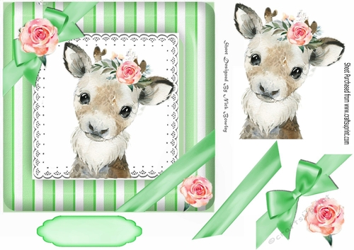 cute reindeer with pink roses/bow 7x7 striped green fame