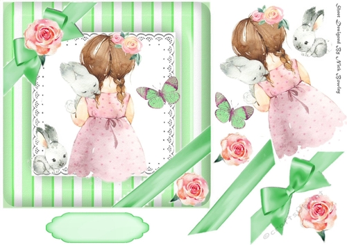 Pretty water colour girl holding a bunny in green stripe 7x7 frame