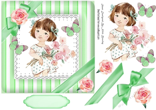 Pretty water colour girl holding flowers and butterflies in green stripe 7x7 frame