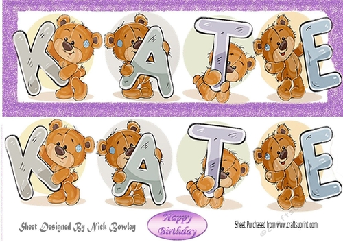 Teddy bears named Kate purple Glitter DL Card