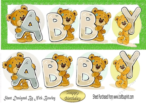 Teddy bears named ABBY green Glitter DL Card