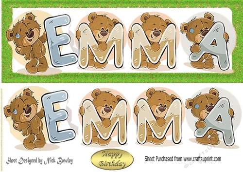 Teddy bears named EMMA green Glitter DL Card