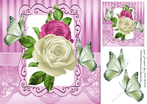 Pretty pink and cream roses with butterflies 8x8
