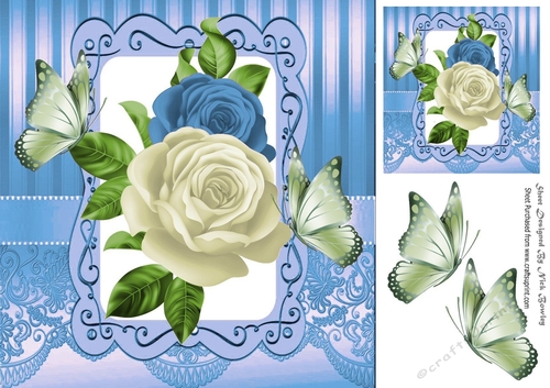 Pretty blue/cream roses with butterflies 8x8