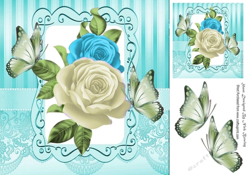 Pretty turq and cream roses with butterflies 8x8