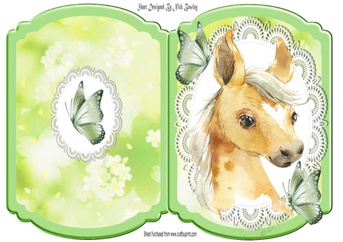 Cute horse in water colour with butterflies on lace bracket card (1)