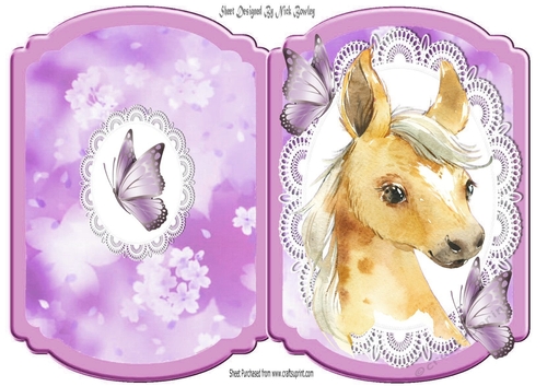 Cute horse in water colour with butterflies on lace bracket card (2)