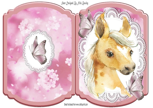 Cute horse in water colour with butterflies on lace bracket card (3)