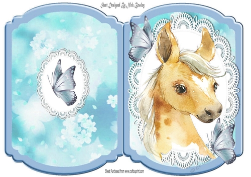 Cute horse in water colour with butterflies on lace bracket card (4)