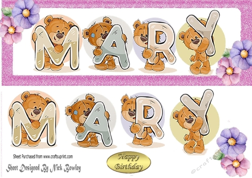 Teddy bears named MARY pink Glitter DL Card