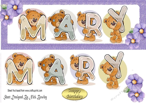 Teddy bears named MARY purple Glitter DL Card