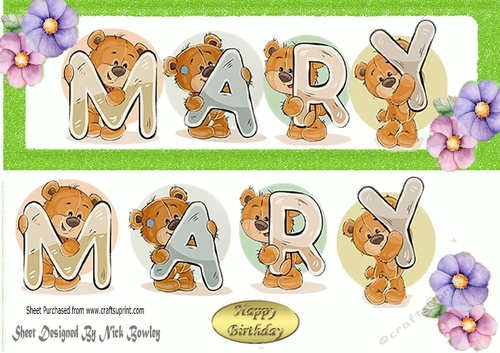 Teddy bears named MARY green Glitter DL Card