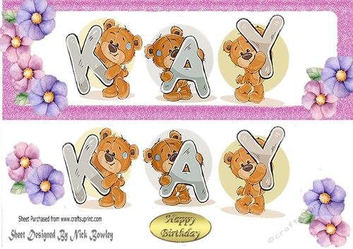Teddy bears named KAY pink Glitter DL Card
