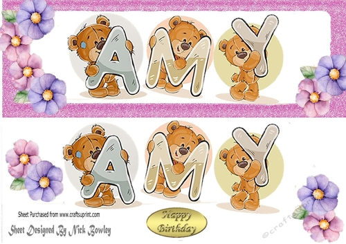 Teddy bears named AMY pink Glitter DL Card