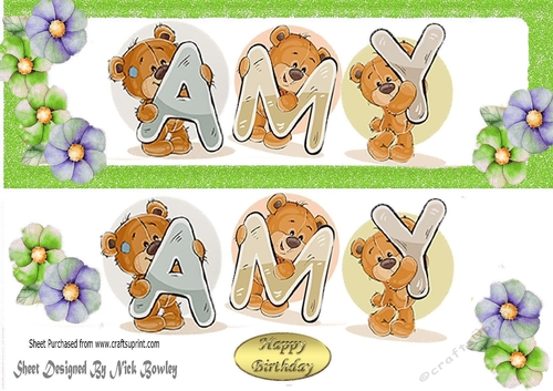 Teddy bears named AMY Green Glitter DL Card