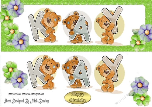 Teddy bears named KAY Green Glitter DL Card