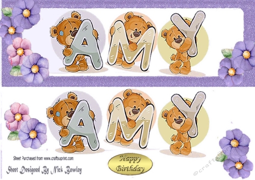 Teddy bears named AMY purple Glitter DL Card