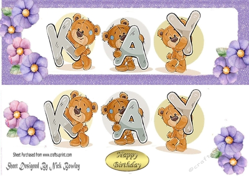 Teddy bears named KAY Purple Glitter DL Card
