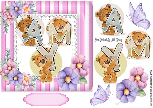 Lovely Teddies name AMY In stripe pink 7x7 frame with flowers